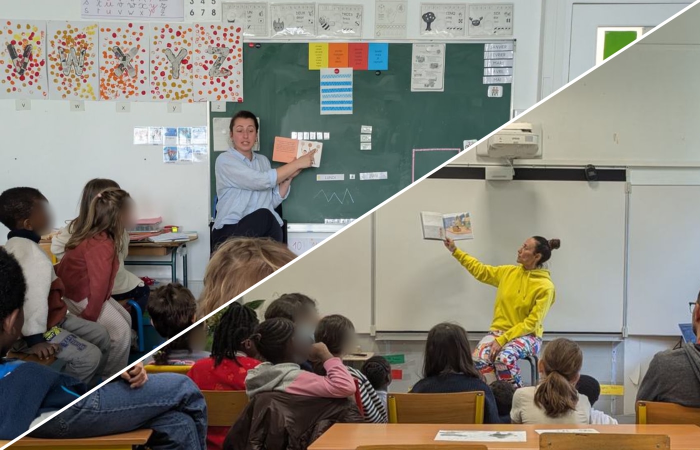 Montage de deux séances en classe, visages des enfants floutés